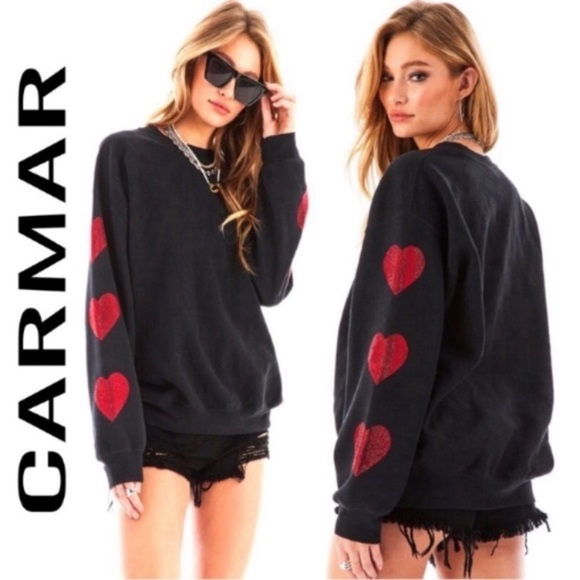 Carmar Los Angeles Black Crew Neck Sweatshirt Red Studded Heart Sleeves Size SML - Picture 2 of 16